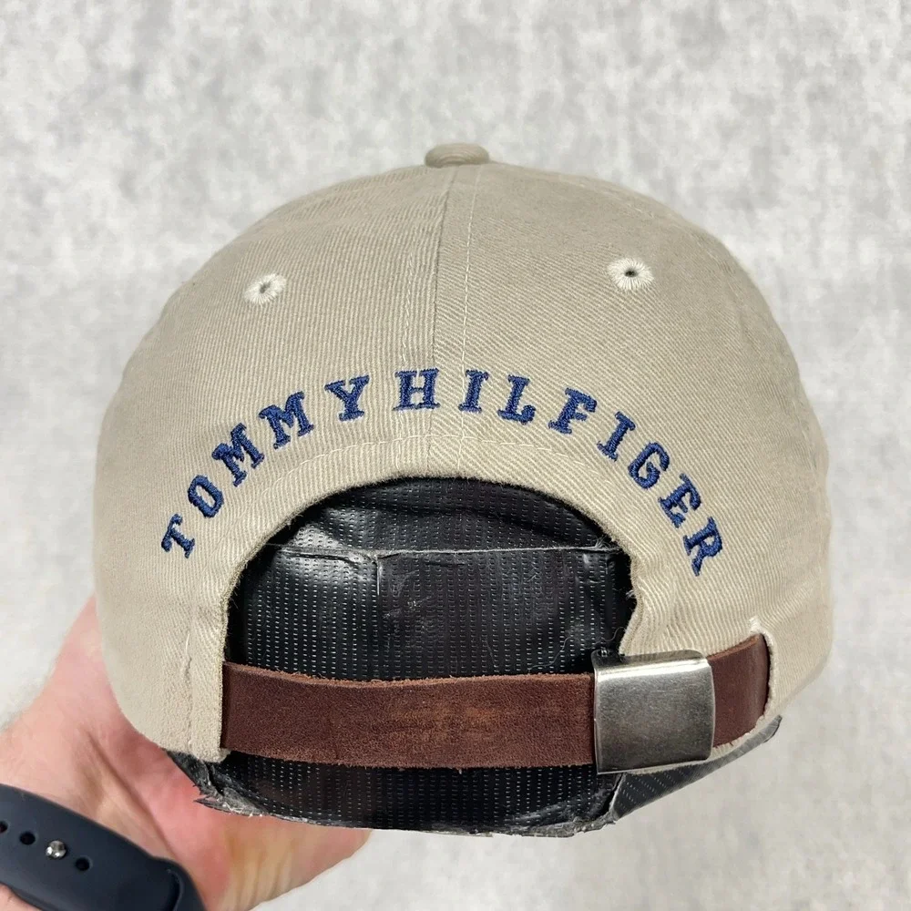 Vintage‎ Tommy Hilfiger Hat Cap Leather Strap Back Tan Blue Spell Out Basketball